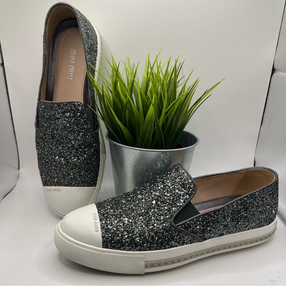 Miu Miu Shoes - Miu Miu Calzature Donna Glitter Sneakers Charcoal Glitter White Sole 7 (37.5)